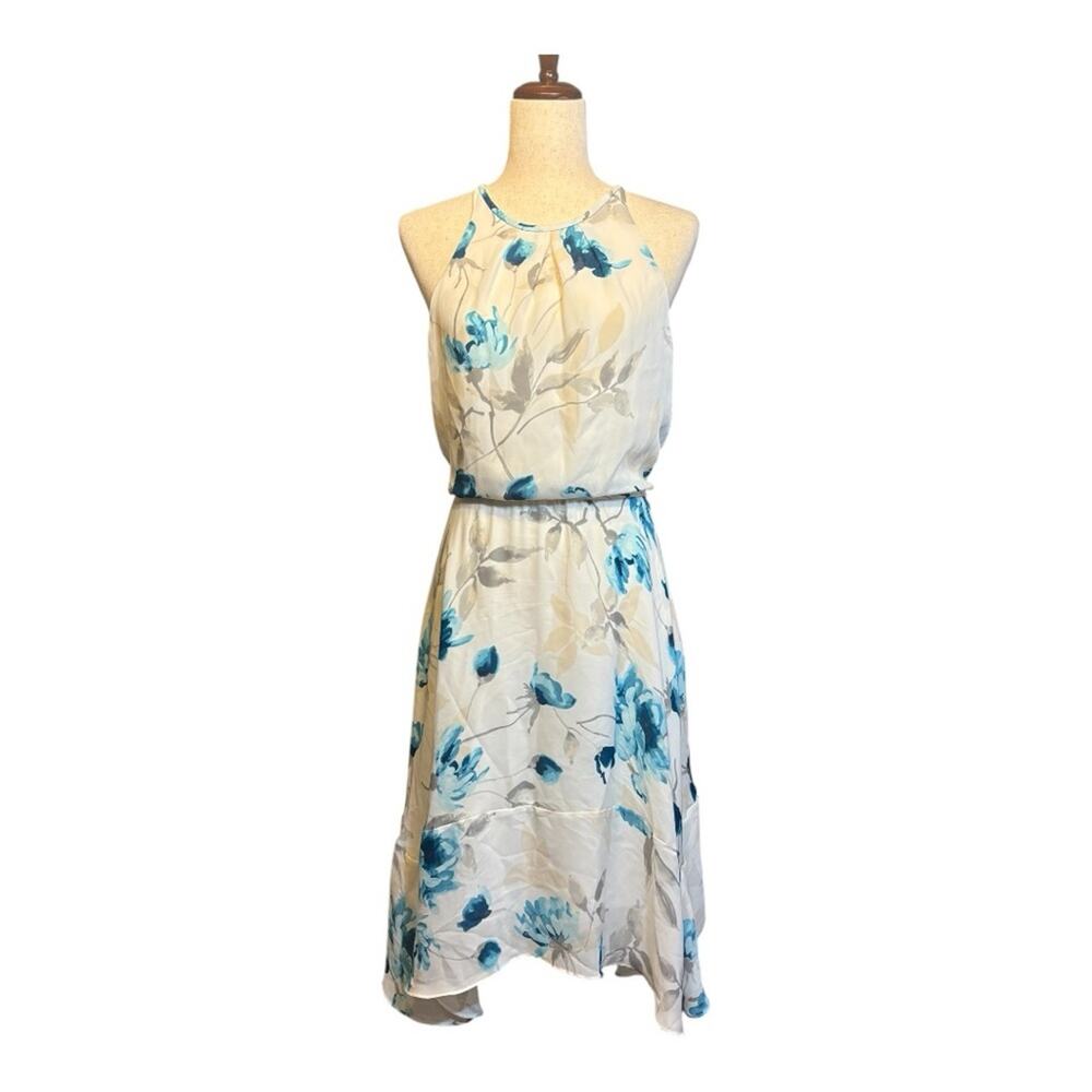 White House Black Market White & Blue Floral Halter Sundress Size 8 AA0515
